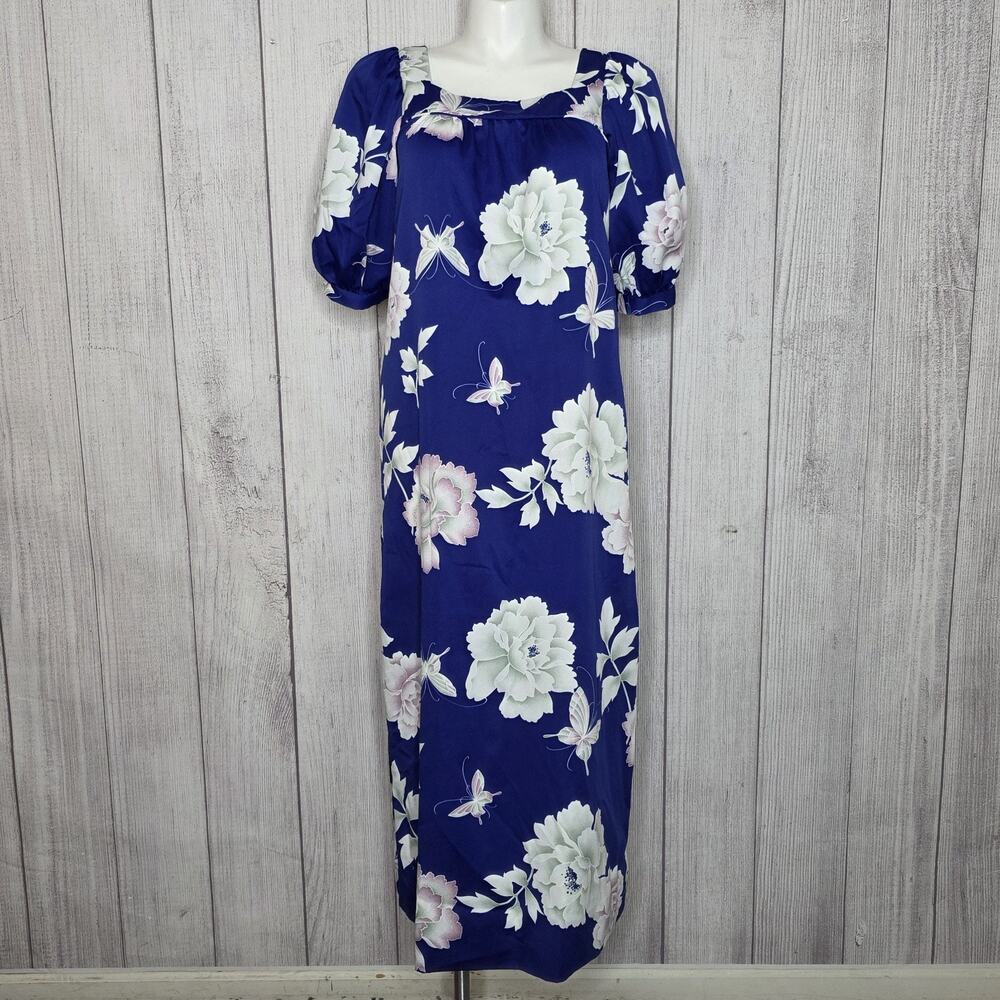 Vtg 90s Andrade Hawaii Maxi Dress Blue Floral Peony Butterfly Moth Cottagecore